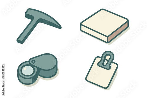 Isometric geology and scientific research tools including pickaxe, hand lens, rock sample, and clipboard