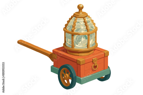 Vintage nautical lantern resting on a small wooden wagon with wheels and handle