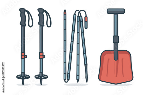 Winter backcountry safety equipment set including trekking poles avalanche probe and snow shovel