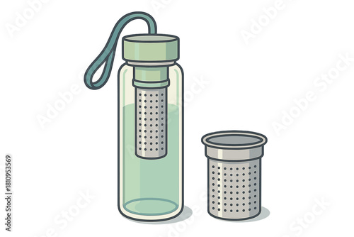 Reusable glass bottle with tea infuser strainer basket and carrying strap