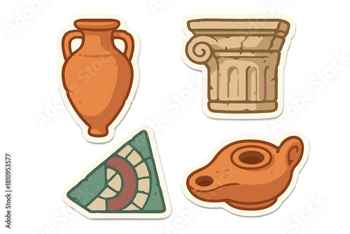 Ancient Greek and Roman artifacts collection including amphora, column capital, mosaic, and oil lamp