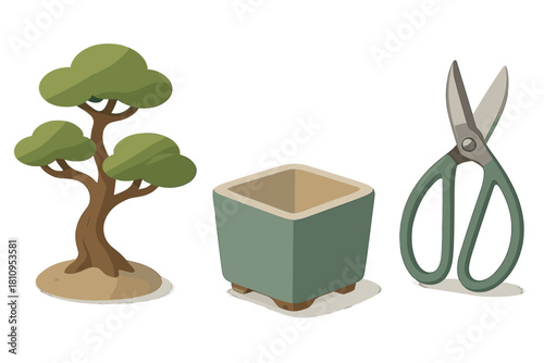Essential tools for bonsai cultivation including a small stylized tree, ceramic pot, and pruning shears