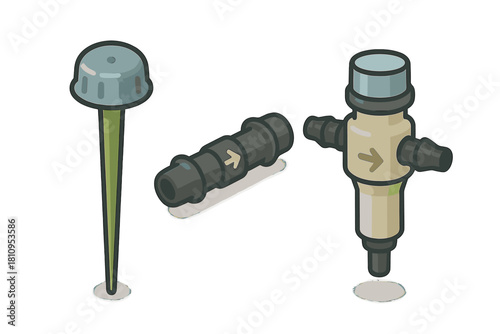 Technical components set including irrigation spike and various hose connectors