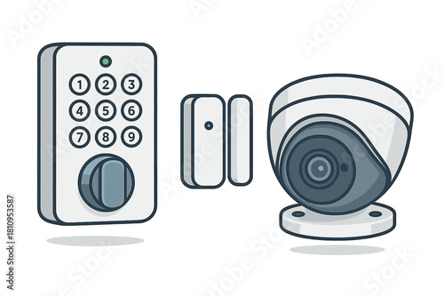 Modern smart home security system devices set with keypad lock and surveillance camera