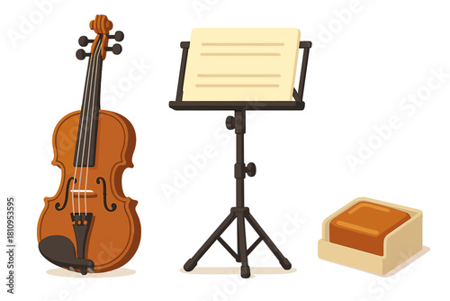 Classic wooden violin standing next to a music stand holding sheet music and a footstool