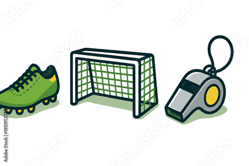 Essential soccer game equipment including a green cleat, goal net, and referee whistle