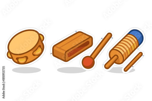Set of classic percussion instruments including tambourine, wood block, and guiro