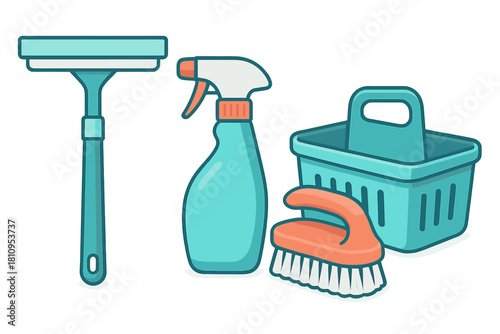 Essential household cleaning supplies set including squeegee, spray bottle, scrubbing brush, and caddy