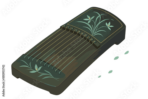Detailed traditional Chinese string instrument zither with decorative floral inlay design