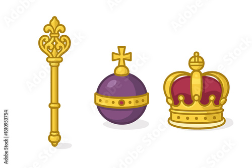 Golden royal regalia set with crown, ornate scepter, and jeweled sovereign orb