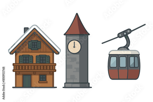Alpine ski resort elements including a wooden chalet, stone clock tower, and cable car gondola