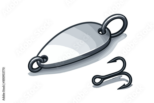 Bright metallic fishing spoon lure and sharp black treble hook isolated on white background