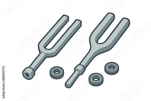 Metallic tuning forks used for musical pitch calibration and small circular dampers