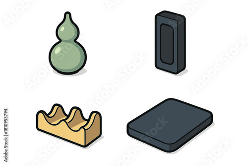 Traditional Chinese calligraphy tools set including ink stone, brush rest, and water dropper in isometric style