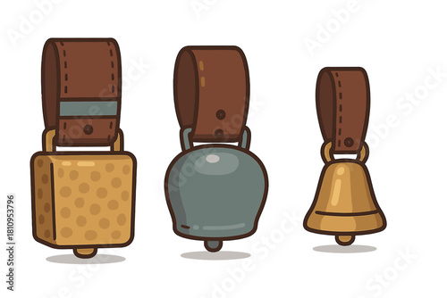 Various types of classic livestock bells attached to thick brown leather collars