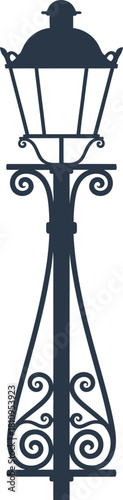 Ornate antique lamppost with decorative scrollwork isolated on a white background.