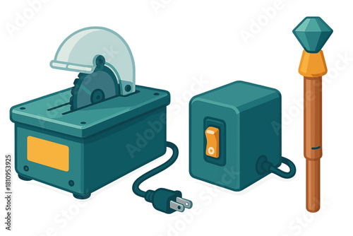 Isometric table saw and power switch box alongside a fantasy staff with a large crystal gem