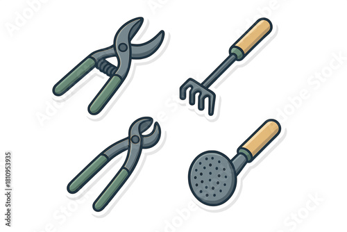 Essential gardening and utility tools set featuring shears, rake, pincers, and sprinkler head icons
