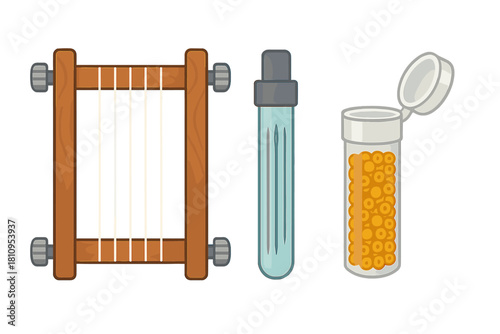 Crafting supplies set featuring a weaving loom, sewing needles, and yellow beads