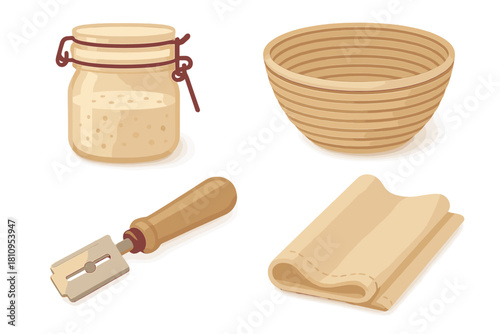Essential sourdough bread baking tools set including starter jar, banneton, lame, and couche