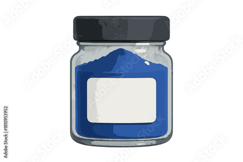 Glass jar mockup filled with bright blue pigment powder and blank white label