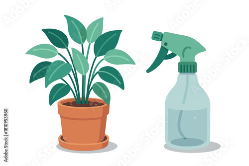 Potted houseplant next to a water spray bottle for indoor gardening and plant care routine
