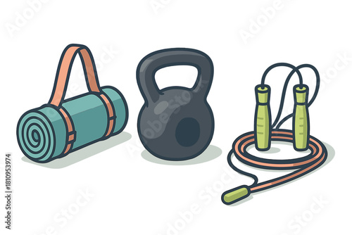 Essential fitness equipment including a rolled exercise mat, heavy kettlebell, and jump rope for home workouts