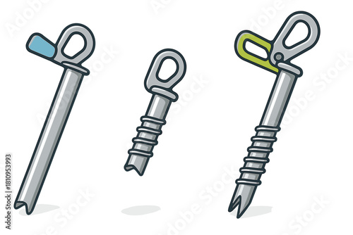 Set of ice climbing screws and anchors essential for mountaineering safety gear