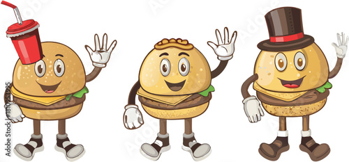 Adorable cartoon burger characters with happy expressions waving hello to viewers, perfect for kid friendly designs