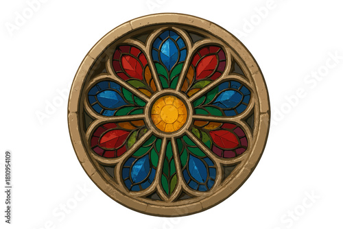 Intricate circular stained glass rose window design with vibrant colorful floral patterns and stone frame detail