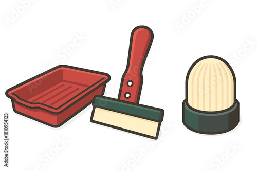 Collection of essential painting tools including roller tray and various brushes for home repair