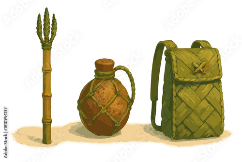 Primitive survival gear set with bamboo staff, woven backpack, and netted canteen flask