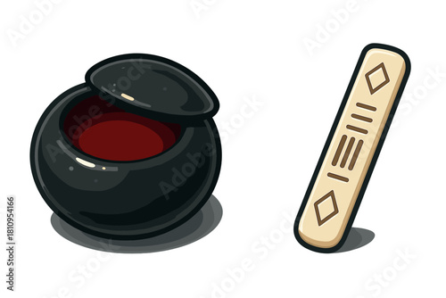 Black ink pot with open lid and ancient carved wooden divination tablet