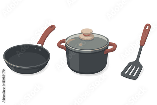 Essential kitchenware collection in isometric view featuring a pan, pot, and spatula