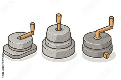 Three ancient stone querns or hand mills with wooden handles used for grinding food