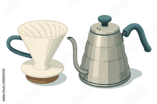Modern pour-over coffee brewing equipment including a dripper and a gooseneck kettle