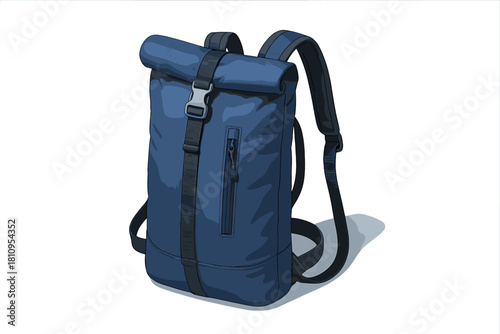 Stylish blue roll-top backpack with adjustable straps and buckle closure for hiking or commuting