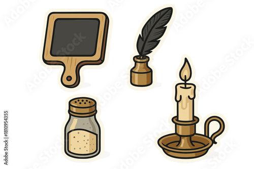 Vintage collection of rustic objects including a chalkboard, quill pen, salt shaker, and lit candle