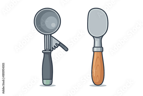 Two different types of metal ice cream scoops with handles for serving frozen desserts