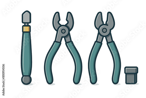 Set of essential tools for glass and tile work including cutter and nippers