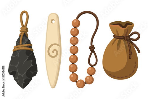 Prehistoric stone arrowhead pendant, carved bone amulet, beaded necklace, and leather pouch