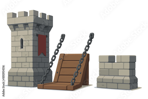 Medieval castle tower, wooden drawbridge, and stone wall segment isolated on white