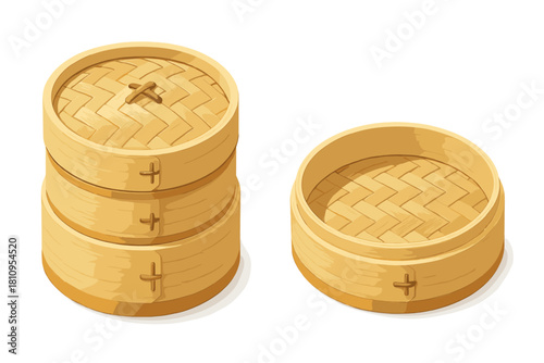 Traditional stacked bamboo food steamers and open basket for Asian cuisine preparation