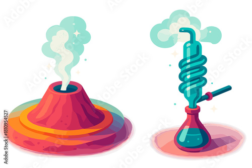 Stylized volcano emitting smoke and chemical condenser apparatus on conical flask