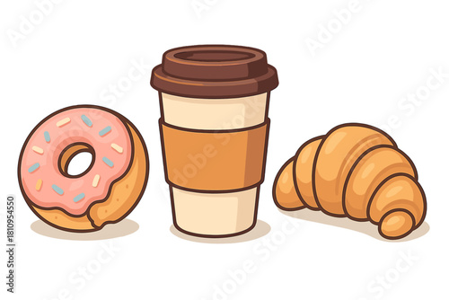 Sweet donut, disposable coffee cup, and fresh baked croissant breakfast set