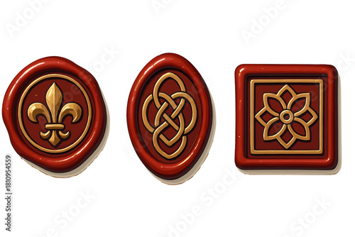 Ornate collection of three wax seals featuring fleur-de-lis and Celtic knot emblems