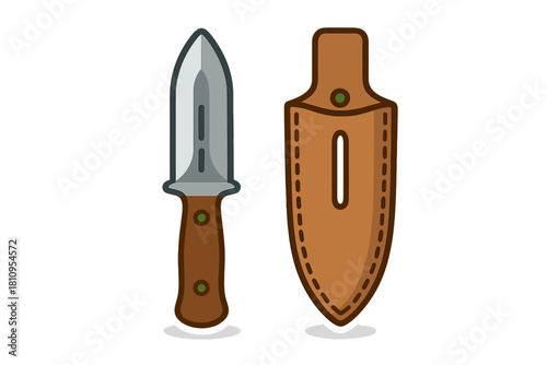 Fixed blade hunting knife with brown handle and protective leather sheath