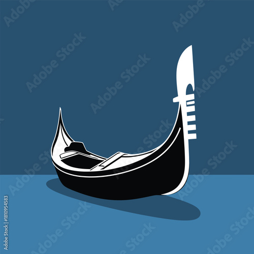 A detailed illustration of a gondola, a traditional Venetian rowing boat, against a blue background.