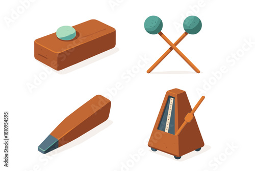 Collection of classic percussion instruments and musical timing tools in isometric view