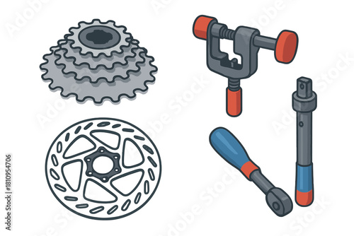 Set of bicycle repair tools and components including cassette, disc brake rotor, chain tool, and ratchet wrench